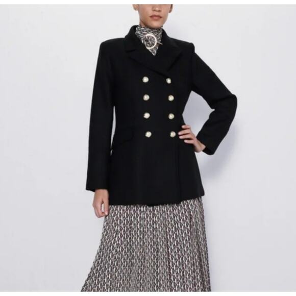 Zara Manteco Wool Double Breasted Coat in Black Gold Size L - Picture 6 of 6